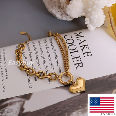 #ad 3 Colors Woman 18K Gold Plated Stainless Steel Heart Charm Link Chain Bracelet $12.95