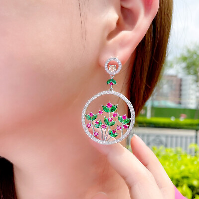 #ad Lady Fashion Silver Plated Round Hollow Cubic Zircon Drop Dangle Flower Earrings $11.11