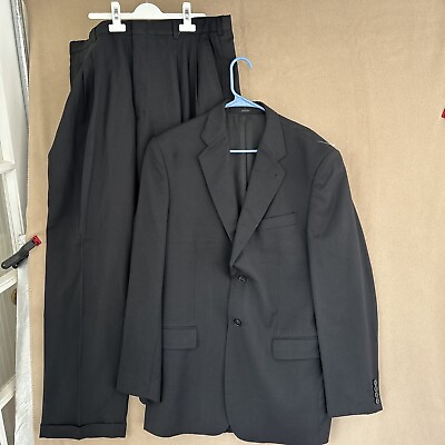 #ad EXPRESS DESIGN STUDIO 2PCS Suit 42R 37x31.5 38x32 Solid Black Wool Acetate 2 BTN $33.60