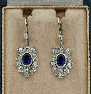 #ad Real 3Ct Sapphire Vintage Art Deco Dangle amp; Drop Earrings 14K White Gold Finish $153.12