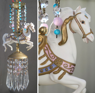 #ad White Porcelain Horse Carousel Lamp SWAG Chandelier Vintage opalin Beads Crystal $249.00