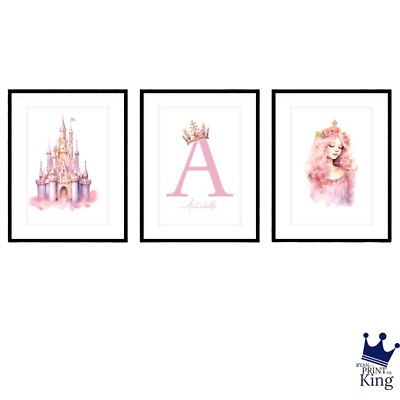 #ad Pink Princess Crown Castle Cute watercolour art A4 print 3x set Name Initial GBP 13.99