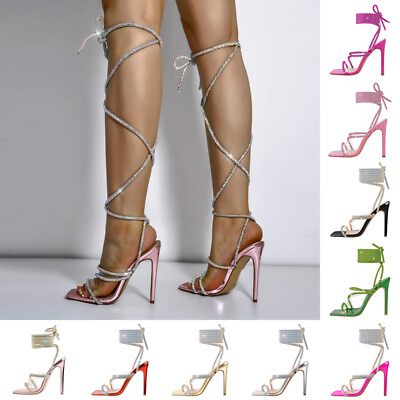 #ad Onlymaker Womens Rhinestone Clear Ankle Strap Stiletto High Heel Lace up Sandals $55.99
