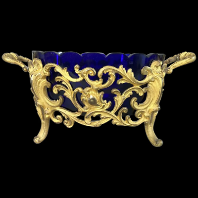 #ad Exquisite 19th Century Baroque Ormolu Bonboniere Jardiniere with Blue Glass $675.00