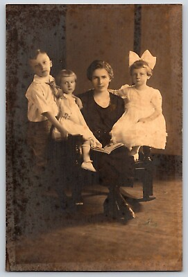 #ad Original Old Vintage Real Studio Photo Family Lady Mother Boy Girls Children $7.49
