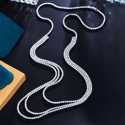 #ad Women Pretty Silver Plated Cubic Zircon Multilayer Long Necklace Wedding Jewelry $14.60