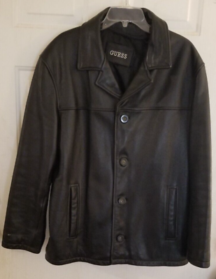 #ad GUESS Men#x27;s Heavy Black Leather Classic Jacket Coat Medium $24.98