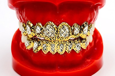 #ad SOLID SILVER W 18K YELLOW GOLD TWO TONE PLATED PRINCESS DUST CUT GRILL GRILLZ $324.00