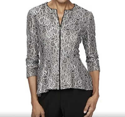 #ad Alex Evenings Women’s Jacket Size L Black Silver Floral Lace Full Zip Peplum NWT $22.00