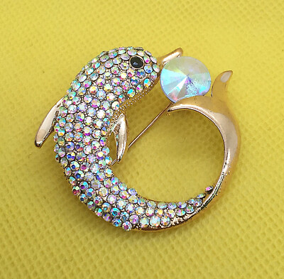 #ad Fashion AB Crystal Dolphin Gift Brooch Pin $6.99