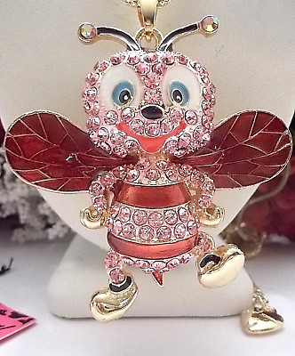 #ad BETSEY JOHNSON CUTE CRYSTAL AND ENAMEL PINK AND RED SMILING BEE PENDANT NECKLACE $31.99