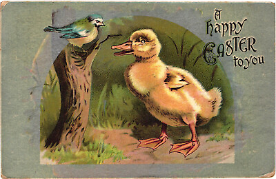 #ad A Happy Easter to You Duckling and Bird Easter Postcard Postmarked 1909 $4.39