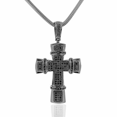 #ad 925 Sterling Silver Black Rhodium CZ Large Hip Hop Cross Pendant Necklace $199.99
