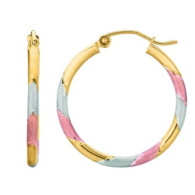 #ad Polished Satin Round Hoop Earrings REAL 10K Tri Color Yellow White Rose Gold $99.50