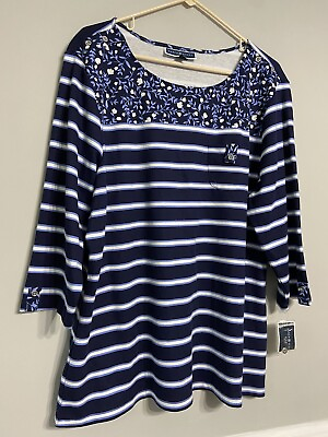 #ad Karen Scott Plus Size Blue Striped Floral Long Sleeve Top womens 2X $10.00