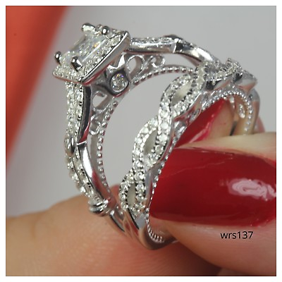 #ad 1.60 CTW Princess 925 Silver CZ Engagement Ring Wedding Ring Set 8.1gm $20.47