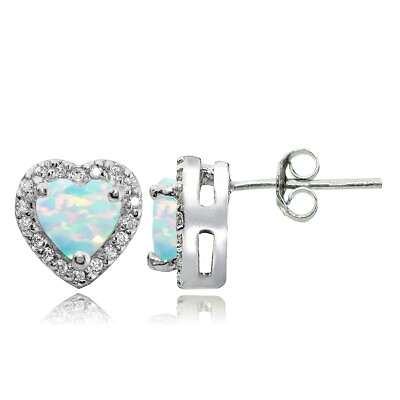 #ad Sterling Silver .75ct Created White Opal and White Topaz Heart Stud Earrings $25.57
