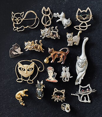 #ad Lot Of 20 Vintage Gold Silver Tone Figural CAT Brooches Pins Pendant Earrings $102.00