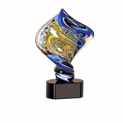 #ad Hand Made glass art sculpture Diamond Twist GOLD amp; BLUE With Wooden Base 11quot; $129.50