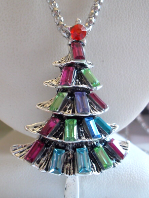 #ad BETSEY JOHNSON MULTI COLOR SILVER PLATED CHRISTMAS TREE PENDANT NECKLACE BROOCH $29.99
