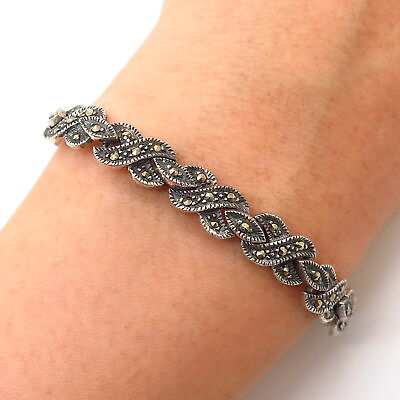 #ad 925 Sterling Silver Real Marcasite Gem Infinity Link Bracelet 6.5quot; $77.99