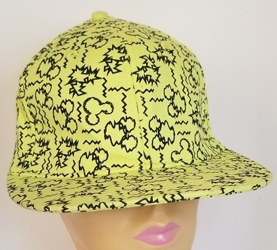 #ad Neon Yellow Disney Parks Cap Hat Static Squiggle Mickey Ears O S Adult Flat Bill $24.99
