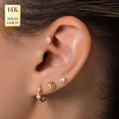 #ad 14K REAL Solid Gold Three Diamond Huggie Hoop Earlobe Conch Helix Hinge Earrings $661.95