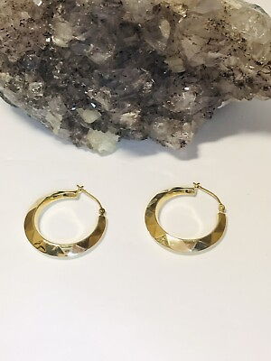 #ad 14K Vintage Solid Yellow Gold Hollow Hoop Triangular Sequence Design Earrings $225.00