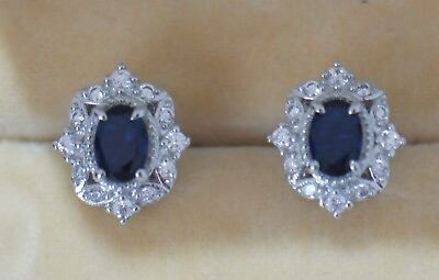 #ad Blue White Sapphire Stud Earrings Art Deco Gold Dress Jewelry AU $129.00