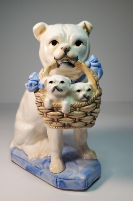#ad Fitz amp; Floyd Bulldog With Basket of Puppies Porcelain White amp; Blue Vintage FF $29.95