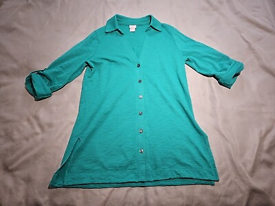 #ad Chicos Womens Cardigan Size 0 Blue Teal Top Collared Shirt Preppy Roll Tab $19.85