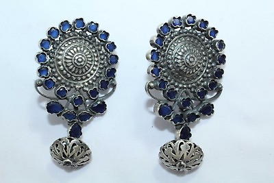 #ad 925 sterling Traditional Tribal silver earring Hallmarked with Blue onyx stones $120.75