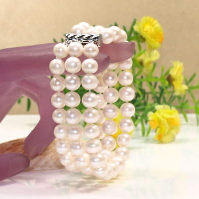 #ad 3 Rows Real Natural 7 8mm 8 9mm White Pink Black Cultured Pearl Bracelet Bangle $20.98