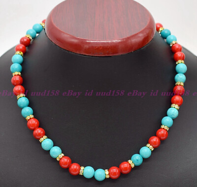 #ad Natural 8 10 12mm Blue Turquoise Red Coral Round Gemstone Beads Necklace AAA $9.97