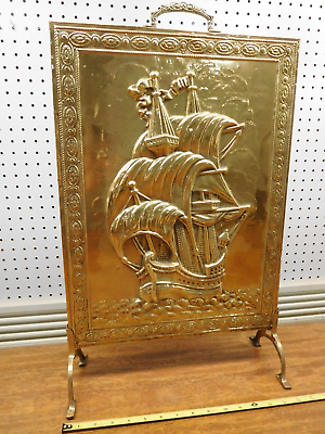 #ad Incredible Antique Vintage Brass Relief 15th Century Sailing Ship Floor Picture $250.00