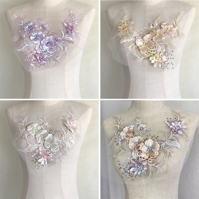 #ad 3D Bridal Lace Floral Applique Embroidery Beaded Motif Patch Wedding Dress Decor C $7.09