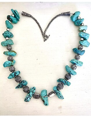 #ad Artisan❤️ Turquoise Nuggets Sterling Bead Heavy Southwest Necklace Boho Dreamy $131.25