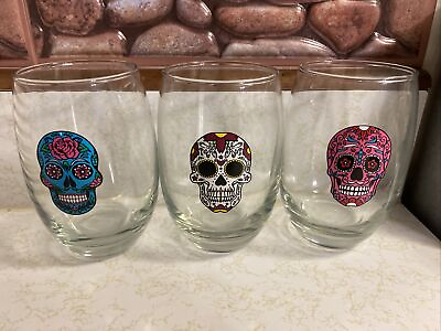 #ad Set 3 Day of the Dead Stemless Sugar Skull Glass Wine Glasses $19.99