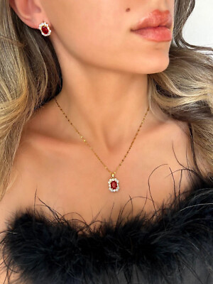 #ad Red Gold Crystal Necklace Earring Set Stainless Steel Statement Jewellery GBP 49.00
