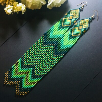 #ad Native Shoulder duster fringe beaded green gradient long seed bead earrings $29.08