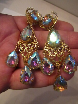 #ad VINTAGE LARGE CRYSTALS CHANDELIER EARRINGS 3 1 2quot; LONG GOLD TONE OFC 7 $65.00