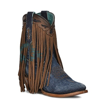 #ad Corral Ladies Fringe Ankle Brown amp; Denim Overlay Pointed Toe Boots Z5154 $139.97