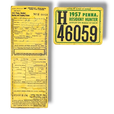 #ad VTG 1957 PENNA Pennsylvania Resident Hunter Hunting License Deer Bear Tag $18.99