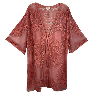 #ad UMGEE Kimono Dusty Rose Acid Wash Embroidered Sheer Mesh Tie Front Oversize Sz S $36.99