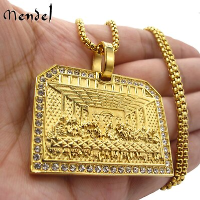 #ad MENDEL Mens Stainless Steel Gold Plated Hip Hop Jesus Pendant Necklace Jewelry $13.99