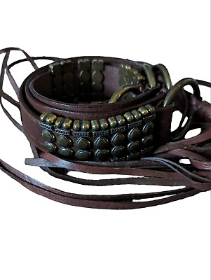 #ad Vintage Brown Leather amp; Brass Fringe Tie Boho Hippie Belt $34.65