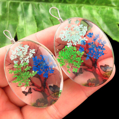 #ad 2Pcs Wrapped Crystal Glass Multicolor Dried Flower Oval Pendant Bead Q11974 $9.95