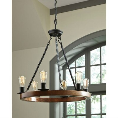 #ad Country Farmhouse Style 6 Exposed Bulb Sockets Metal amp; Wood Circle Chandelier $249.95