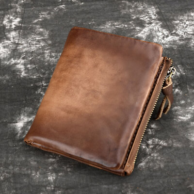 #ad Vintage Mens Genuine Leather Zipper Wallet Bifold Purse Card Holder Cowhide USA $18.89
