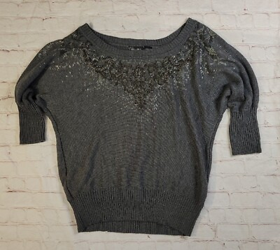 #ad Miss Me Gray Knit Sweater Rhinestone 3 4 Sleeve Size Large $16.80